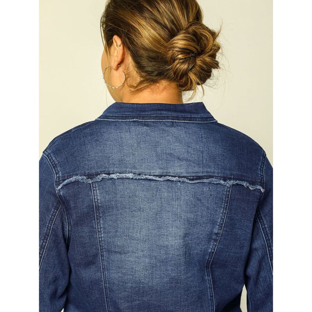 Women's Plus Size Washed Front Frayed Denim Jacket Dark Blue - Picture 6 of 6